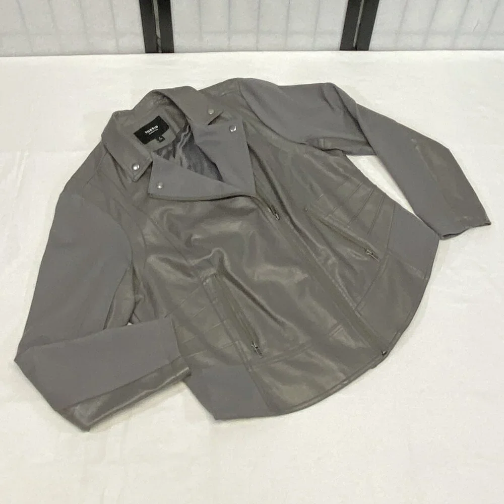 Torrid Mixed Faux Leather & Knit Zip Front Crop Moto Jacket Grey 2 Long Sleeve